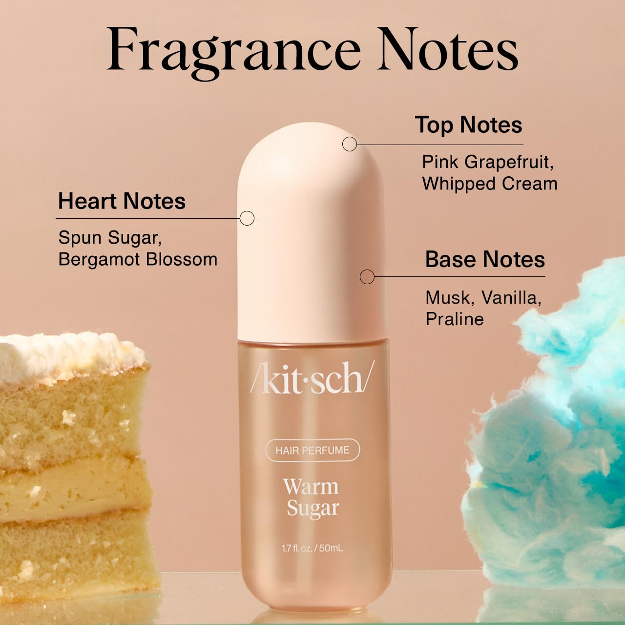 Kitsch Warm Sugar Hair Perfume For Women - Clean, Deodorizing, and Patented Odor-Eliminating Technology, Body Mist - Freshen Hair, Body & Pillows - Sweet Pink Grapefruit & Warm Vanilla Scent - 50ml 24Hr Smart